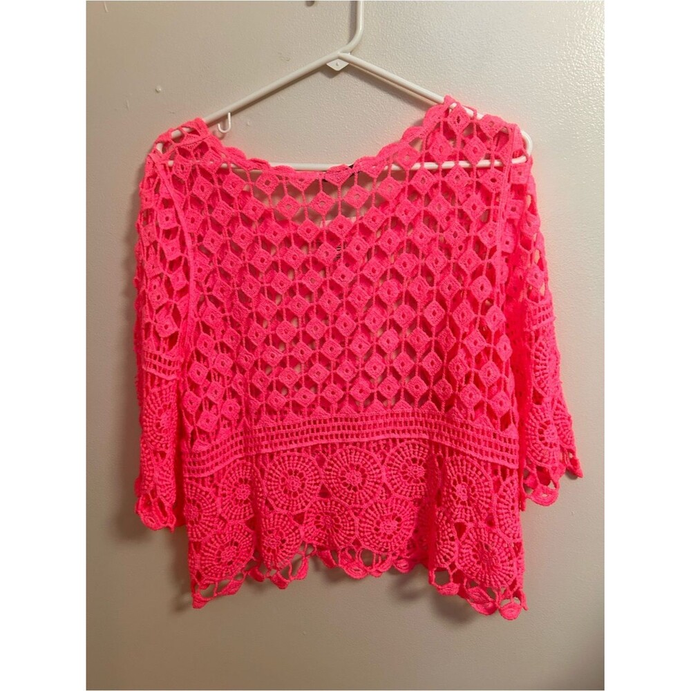 NWT Hot Pink Crochet Open Knit Top Cover Up Beach Summer Festive Boho Hippie OS - Picture 4 of 7